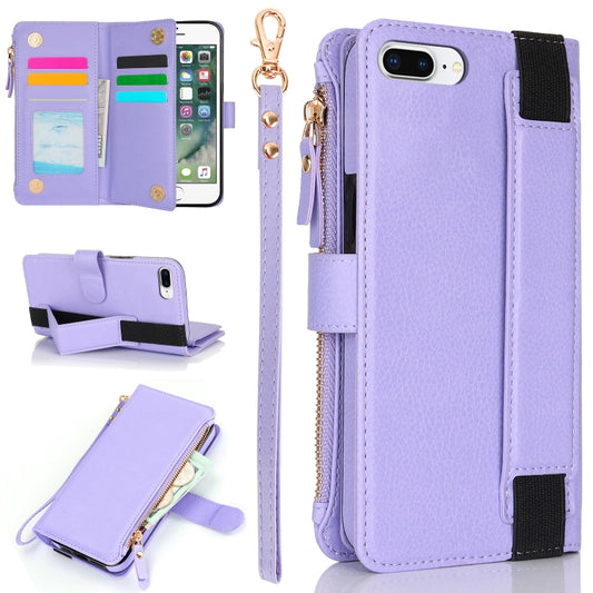 For iPhone 8 Plus / 7 Plus Wristband Holder Zipper Purse RFID Leather Phone Case(Purple) - More iPhone Cases by buy2fix | Online Shopping UK | buy2fix
