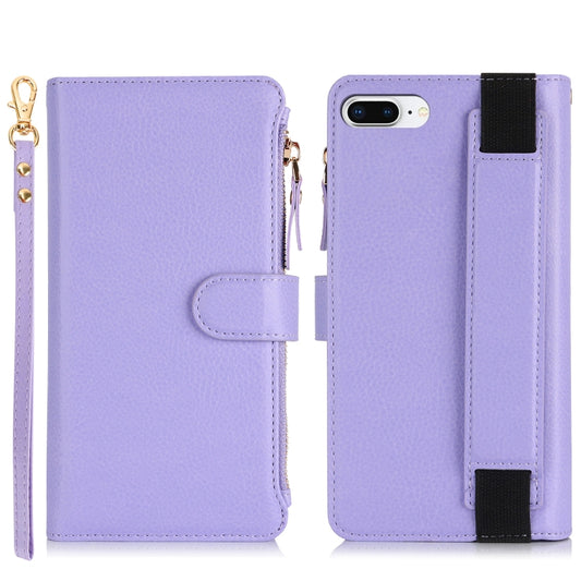 For iPhone 8 Plus / 7 Plus Wristband Holder Zipper Purse RFID Leather Phone Case(Purple) - More iPhone Cases by buy2fix | Online Shopping UK | buy2fix