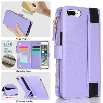 For iPhone 8 Plus / 7 Plus Wristband Holder Zipper Purse RFID Leather Phone Case(Purple) - More iPhone Cases by buy2fix | Online Shopping UK | buy2fix