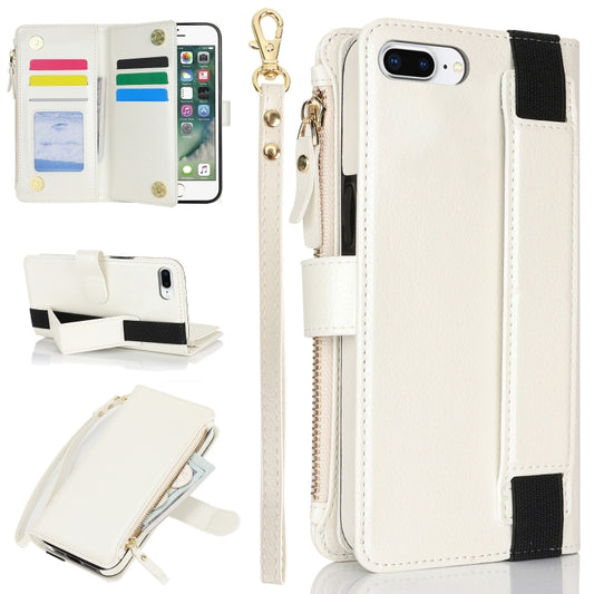 For iPhone 8 Plus / 7 Plus Wristband Holder Zipper Purse RFID Leather Phone Case(White) - More iPhone Cases by buy2fix | Online Shopping UK | buy2fix