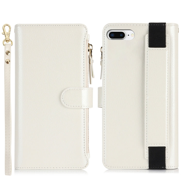 For iPhone 8 Plus / 7 Plus Wristband Holder Zipper Purse RFID Leather Phone Case(White) - More iPhone Cases by buy2fix | Online Shopping UK | buy2fix