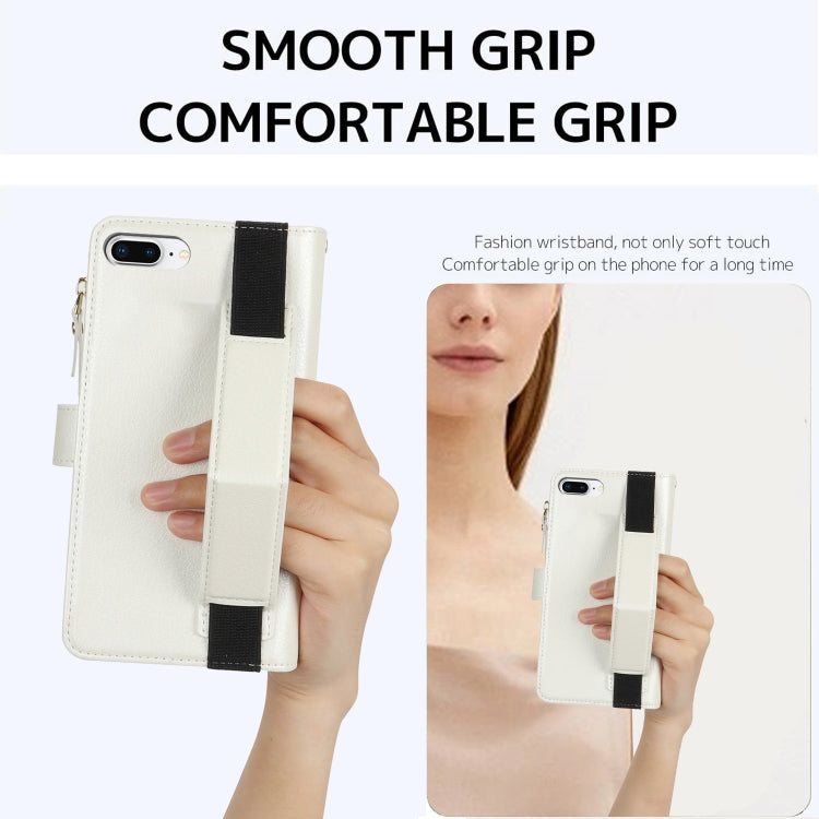 For iPhone 8 Plus / 7 Plus Wristband Holder Zipper Purse RFID Leather Phone Case(White) - More iPhone Cases by buy2fix | Online Shopping UK | buy2fix