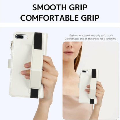 For iPhone 8 Plus / 7 Plus Wristband Holder Zipper Purse RFID Leather Phone Case(White) - More iPhone Cases by buy2fix | Online Shopping UK | buy2fix