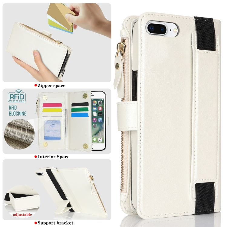 For iPhone 8 Plus / 7 Plus Wristband Holder Zipper Purse RFID Leather Phone Case(White) - More iPhone Cases by buy2fix | Online Shopping UK | buy2fix