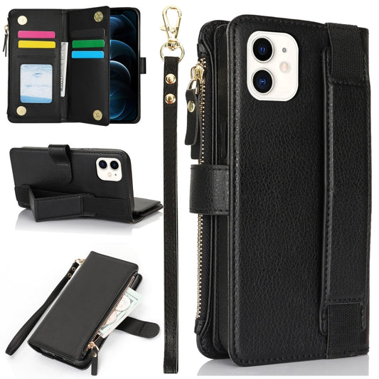 For iPhone 11 Wristband Holder Zipper Purse RFID Leather Phone Case(Black) - iPhone 11 Cases by buy2fix | Online Shopping UK | buy2fix