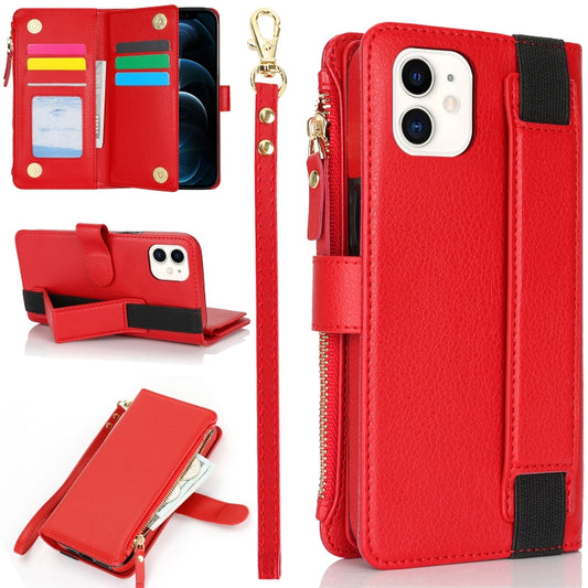 For iPhone 11 Wristband Holder Zipper Purse RFID Leather Phone Case(Red) - iPhone 11 Cases by buy2fix | Online Shopping UK | buy2fix