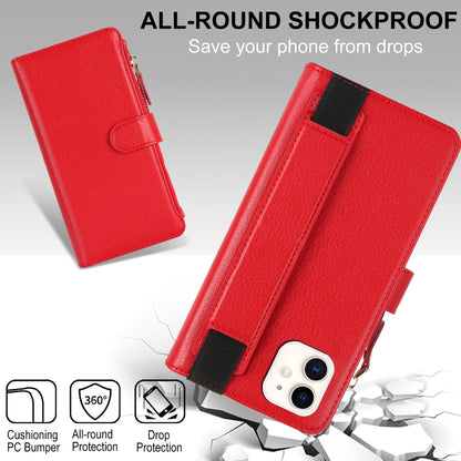 For iPhone 11 Wristband Holder Zipper Purse RFID Leather Phone Case(Red) - iPhone 11 Cases by buy2fix | Online Shopping UK | buy2fix