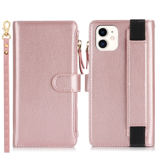 For iPhone 11 Wristband Holder Zipper Purse RFID Leather Phone Case(Rose Gold) - iPhone 11 Cases by buy2fix | Online Shopping UK | buy2fix