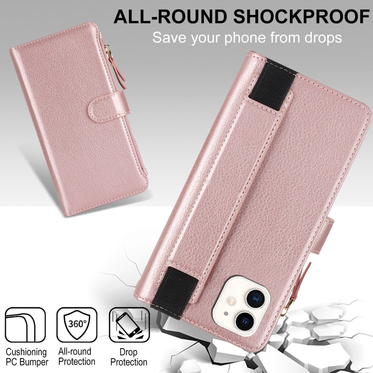 For iPhone 11 Wristband Holder Zipper Purse RFID Leather Phone Case(Rose Gold) - iPhone 11 Cases by buy2fix | Online Shopping UK | buy2fix