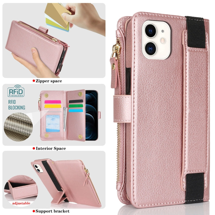 For iPhone 11 Wristband Holder Zipper Purse RFID Leather Phone Case(Rose Gold) - iPhone 11 Cases by buy2fix | Online Shopping UK | buy2fix