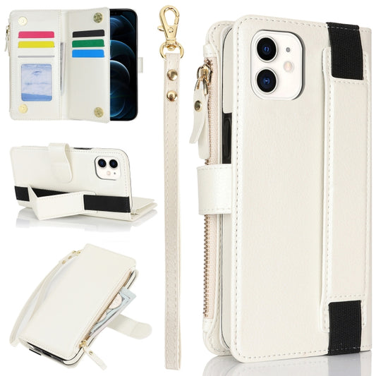 For iPhone 11 Wristband Holder Zipper Purse RFID Leather Phone Case(White) - iPhone 11 Cases by buy2fix | Online Shopping UK | buy2fix