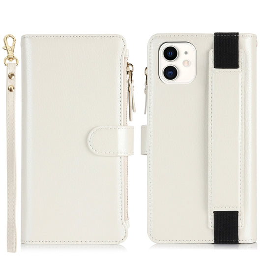 For iPhone 11 Wristband Holder Zipper Purse RFID Leather Phone Case(White) - iPhone 11 Cases by buy2fix | Online Shopping UK | buy2fix