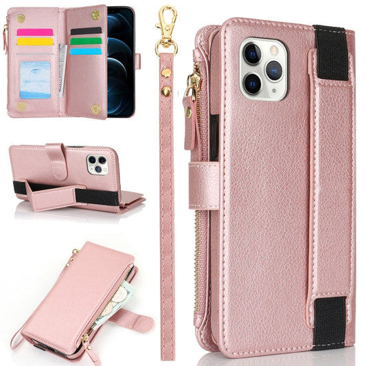 For iPhone 11 Pro Wristband Holder Zipper Purse RFID Leather Phone Case(Rose Gold) - iPhone 11 Pro Cases by buy2fix | Online Shopping UK | buy2fix