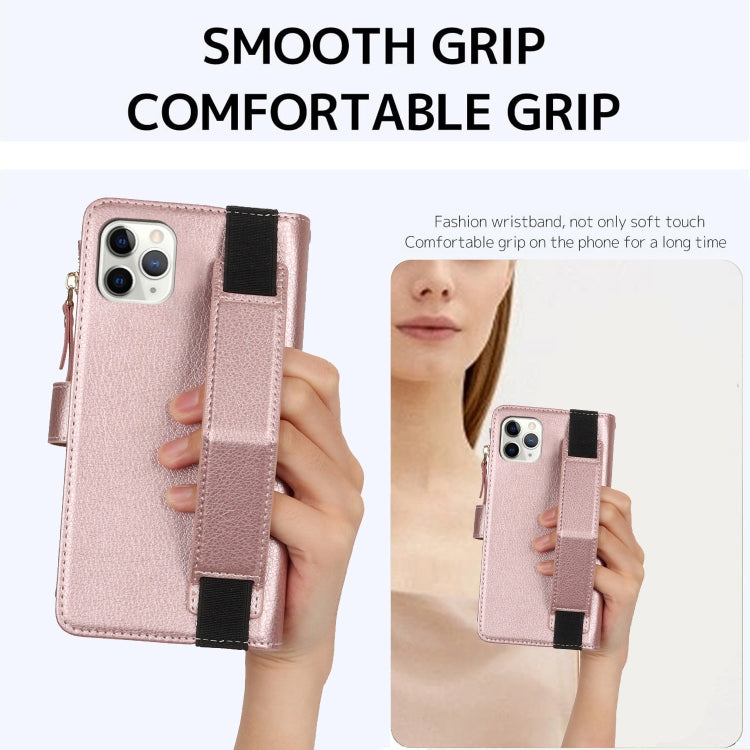 For iPhone 11 Pro Wristband Holder Zipper Purse RFID Leather Phone Case(Rose Gold) - iPhone 11 Pro Cases by buy2fix | Online Shopping UK | buy2fix