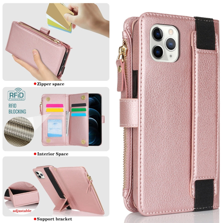For iPhone 11 Pro Wristband Holder Zipper Purse RFID Leather Phone Case(Rose Gold) - iPhone 11 Pro Cases by buy2fix | Online Shopping UK | buy2fix