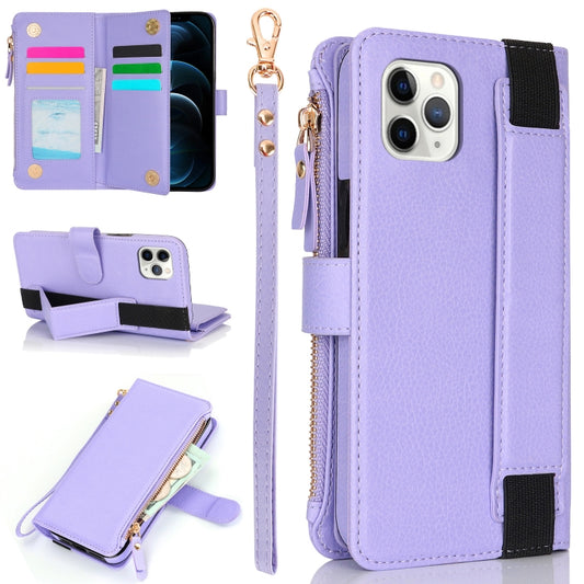 For iPhone 11 Pro Wristband Holder Zipper Purse RFID Leather Phone Case(Purple) - iPhone 11 Pro Cases by buy2fix | Online Shopping UK | buy2fix