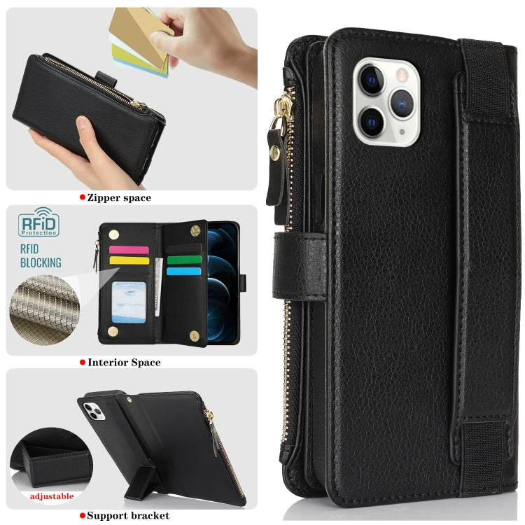 For iPhone 11 Pro Max Wristband Holder Zipper Purse RFID Leather Phone Case(Black) - iPhone 11 Pro Max Cases by buy2fix | Online Shopping UK | buy2fix