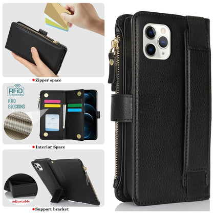 For iPhone 11 Pro Max Wristband Holder Zipper Purse RFID Leather Phone Case(Black) - iPhone 11 Pro Max Cases by buy2fix | Online Shopping UK | buy2fix
