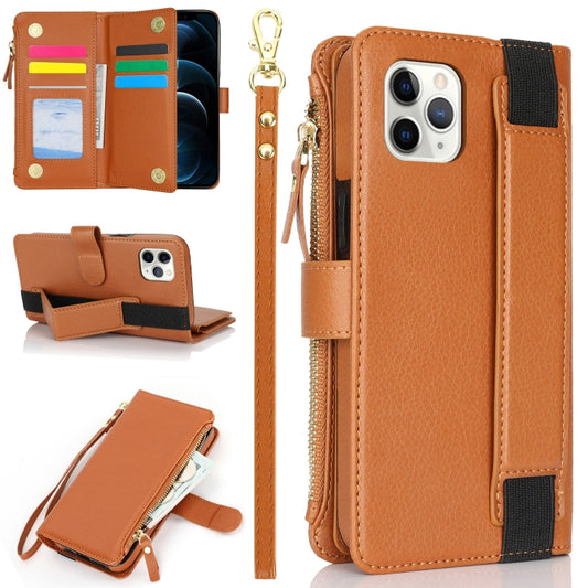 For iPhone 11 Pro Max Wristband Holder Zipper Purse RFID Leather Phone Case(Brown) - iPhone 11 Pro Max Cases by buy2fix | Online Shopping UK | buy2fix