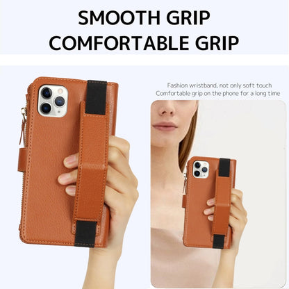 For iPhone 11 Pro Max Wristband Holder Zipper Purse RFID Leather Phone Case(Brown) - iPhone 11 Pro Max Cases by buy2fix | Online Shopping UK | buy2fix