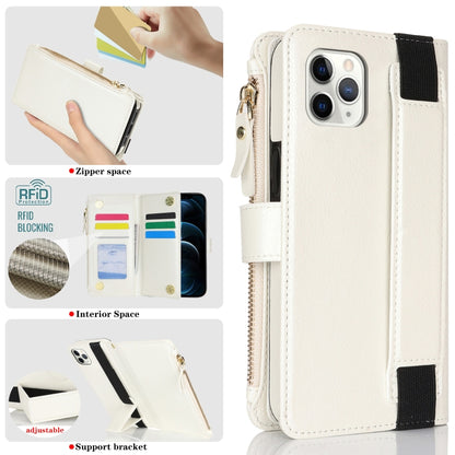 For iPhone 11 Pro Max Wristband Holder Zipper Purse RFID Leather Phone Case(White) - iPhone 11 Pro Max Cases by buy2fix | Online Shopping UK | buy2fix