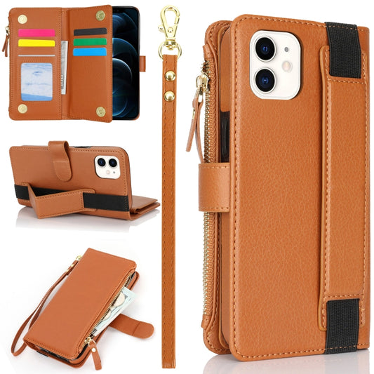 For iPhone 12 mini Wristband Holder Zipper Purse RFID Leather Phone Case(Brown) - iPhone 12 mini Cases by buy2fix | Online Shopping UK | buy2fix