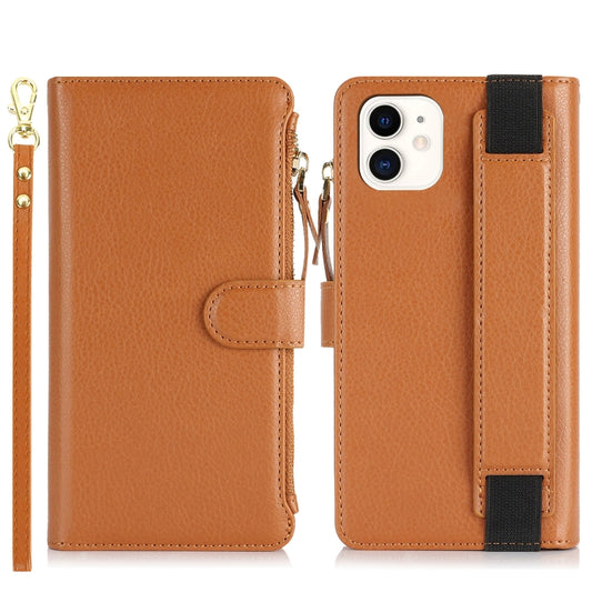 For iPhone 12 mini Wristband Holder Zipper Purse RFID Leather Phone Case(Brown) - iPhone 12 mini Cases by buy2fix | Online Shopping UK | buy2fix
