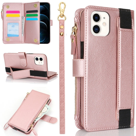 For iPhone 12 mini Wristband Holder Zipper Purse RFID Leather Phone Case(Rose Gold) - iPhone 12 mini Cases by buy2fix | Online Shopping UK | buy2fix