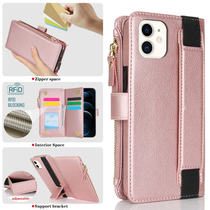 For iPhone 12 mini Wristband Holder Zipper Purse RFID Leather Phone Case(Rose Gold) - iPhone 12 mini Cases by buy2fix | Online Shopping UK | buy2fix
