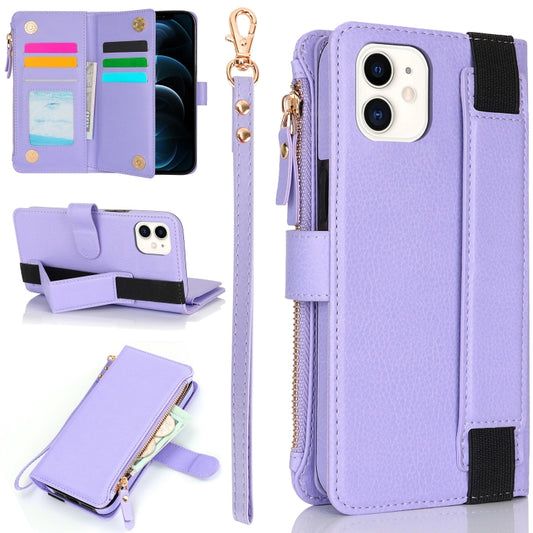 For iPhone 12 mini Wristband Holder Zipper Purse RFID Leather Phone Case(Purple) - iPhone 12 mini Cases by buy2fix | Online Shopping UK | buy2fix