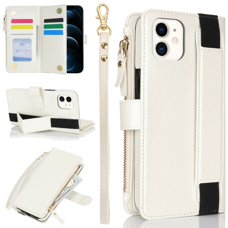 For iPhone 12 mini Wristband Holder Zipper Purse RFID Leather Phone Case(White) - iPhone 12 mini Cases by buy2fix | Online Shopping UK | buy2fix