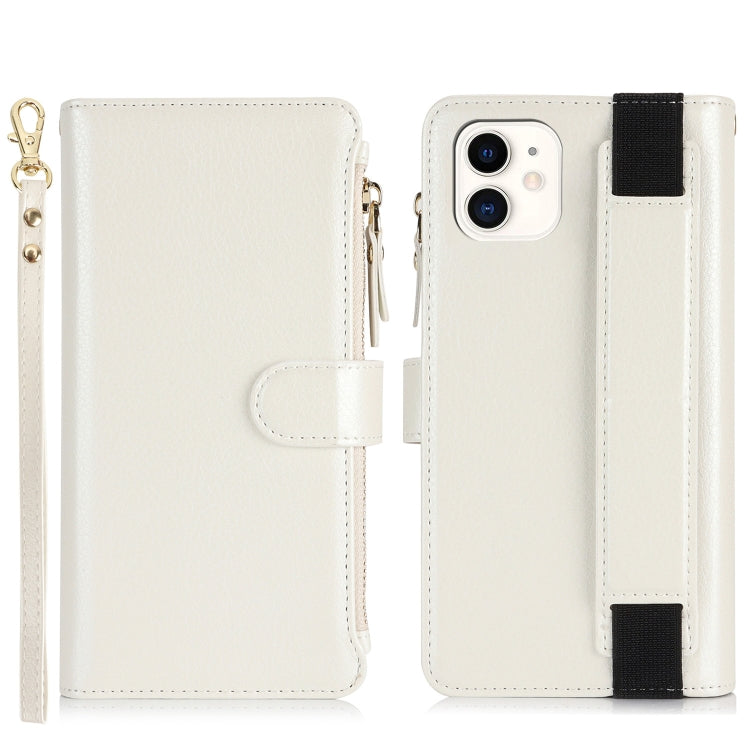 For iPhone 12 mini Wristband Holder Zipper Purse RFID Leather Phone Case(White) - iPhone 12 mini Cases by buy2fix | Online Shopping UK | buy2fix