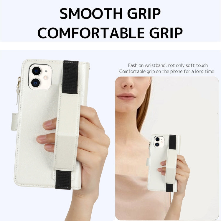For iPhone 12 mini Wristband Holder Zipper Purse RFID Leather Phone Case(White) - iPhone 12 mini Cases by buy2fix | Online Shopping UK | buy2fix
