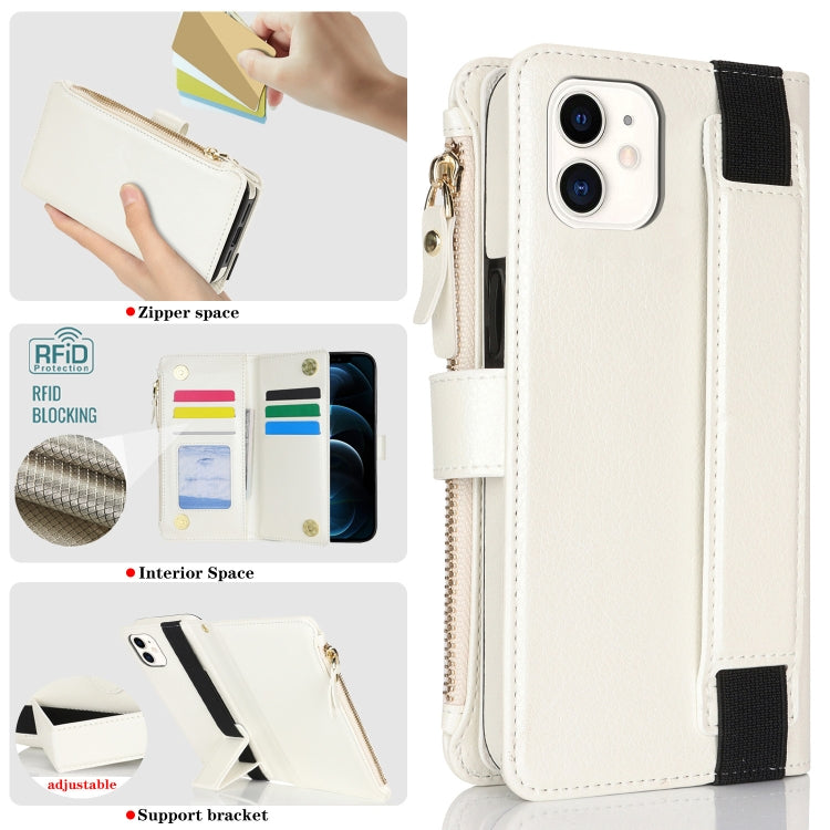 For iPhone 12 mini Wristband Holder Zipper Purse RFID Leather Phone Case(White) - iPhone 12 mini Cases by buy2fix | Online Shopping UK | buy2fix