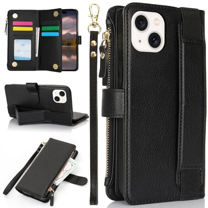 For iPhone 14 / 13 Wristband Holder Zipper Purse RFID Leather Phone Case(Black) - iPhone 14 Cases by buy2fix | Online Shopping UK | buy2fix