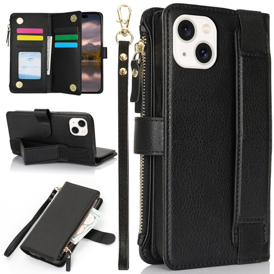 For iPhone 14 / 13 Wristband Holder Zipper Purse RFID Leather Phone Case(Black) - iPhone 14 Cases by buy2fix | Online Shopping UK | buy2fix