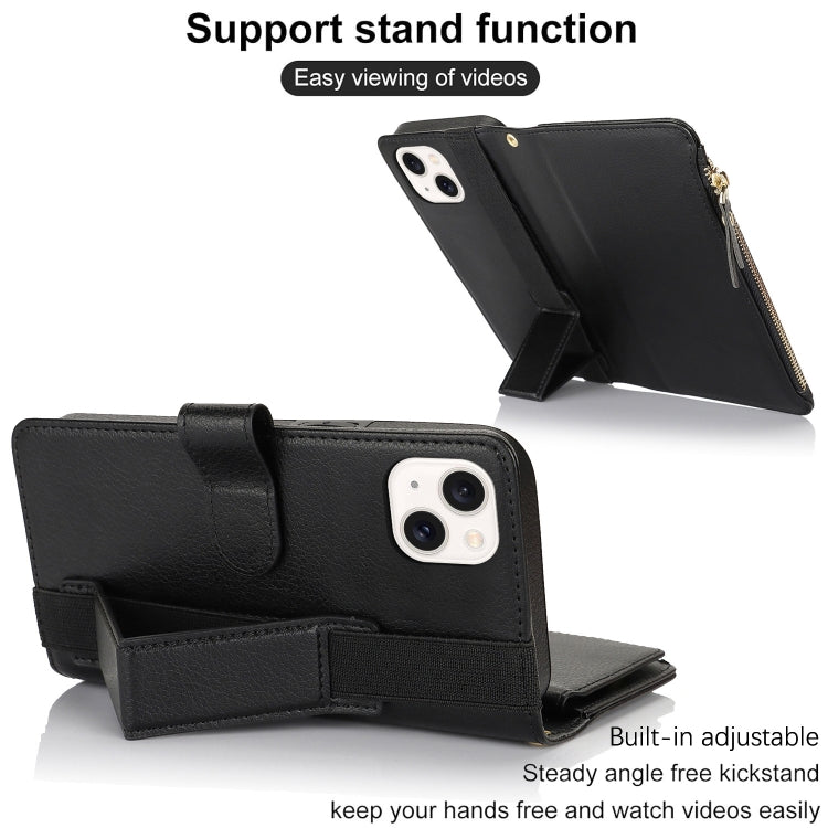 For iPhone 14 / 13 Wristband Holder Zipper Purse RFID Leather Phone Case(Black) - iPhone 14 Cases by buy2fix | Online Shopping UK | buy2fix