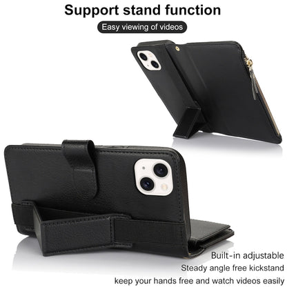 For iPhone 14 / 13 Wristband Holder Zipper Purse RFID Leather Phone Case(Black) - iPhone 14 Cases by buy2fix | Online Shopping UK | buy2fix