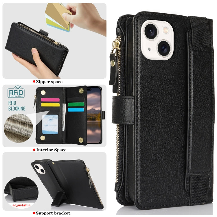 For iPhone 14 / 13 Wristband Holder Zipper Purse RFID Leather Phone Case(Black) - iPhone 14 Cases by buy2fix | Online Shopping UK | buy2fix