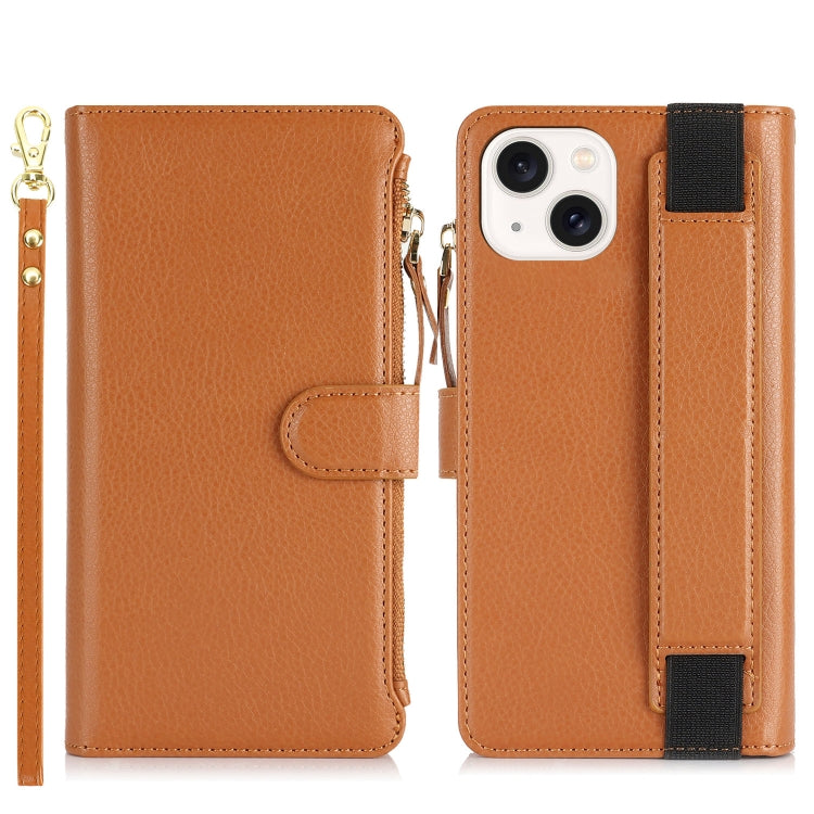 For iPhone 14 / 13 Wristband Holder Zipper Purse RFID Leather Phone Case(Brown) - iPhone 14 Cases by buy2fix | Online Shopping UK | buy2fix