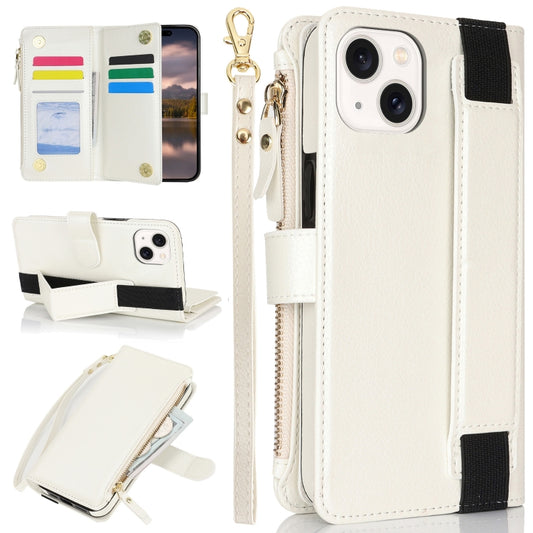 For iPhone 14 / 13 Wristband Holder Zipper Purse RFID Leather Phone Case(White) - iPhone 14 Cases by buy2fix | Online Shopping UK | buy2fix