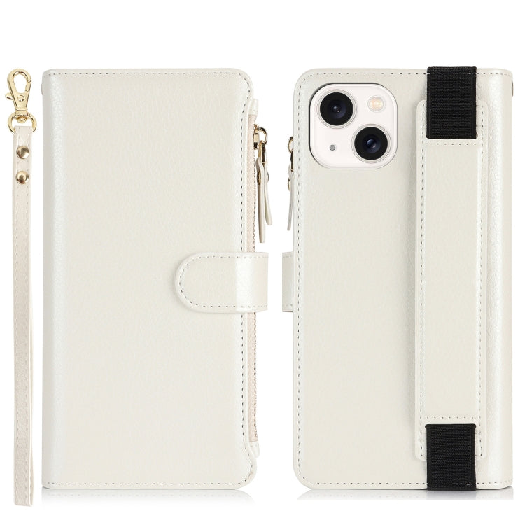 For iPhone 14 / 13 Wristband Holder Zipper Purse RFID Leather Phone Case(White) - iPhone 14 Cases by buy2fix | Online Shopping UK | buy2fix