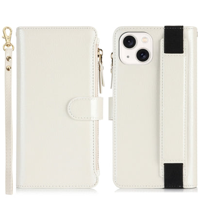 For iPhone 14 / 13 Wristband Holder Zipper Purse RFID Leather Phone Case(White) - iPhone 14 Cases by buy2fix | Online Shopping UK | buy2fix