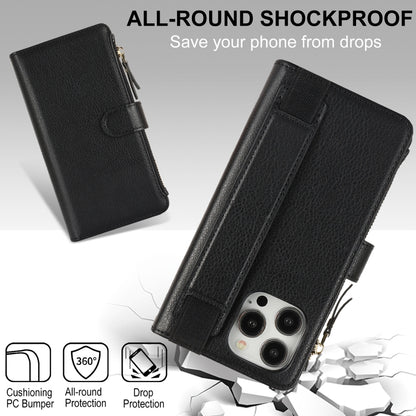 For iPhone 13 Pro Max Wristband Holder Zipper Purse RFID Leather Phone Case(Black) - iPhone 13 Pro Max Cases by buy2fix | Online Shopping UK | buy2fix