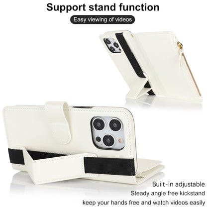 For iPhone 14 Pro Max Wristband Holder Zipper Purse RFID Leather Phone Case(White) - iPhone 14 Pro Max Cases by buy2fix | Online Shopping UK | buy2fix