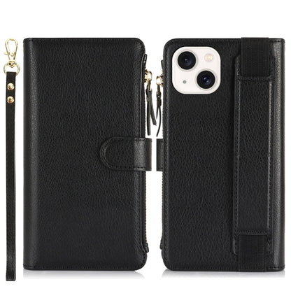 For iPhone 15 Wristband Holder Zipper Purse RFID Leather Phone Case(Black) - iPhone 15 Cases by buy2fix | Online Shopping UK | buy2fix