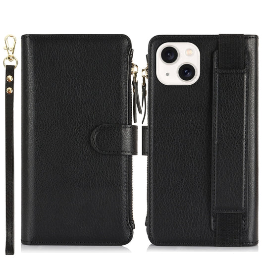 For iPhone 15 Wristband Holder Zipper Purse RFID Leather Phone Case(Black) - iPhone 15 Cases by buy2fix | Online Shopping UK | buy2fix