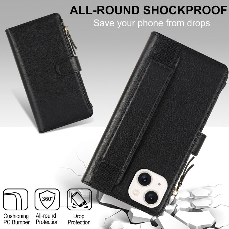 For iPhone 15 Wristband Holder Zipper Purse RFID Leather Phone Case(Black) - iPhone 15 Cases by buy2fix | Online Shopping UK | buy2fix