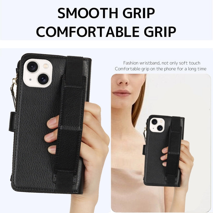 For iPhone 15 Wristband Holder Zipper Purse RFID Leather Phone Case(Black) - iPhone 15 Cases by buy2fix | Online Shopping UK | buy2fix