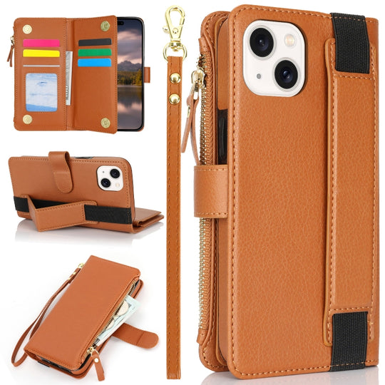 For iPhone 15 Wristband Holder Zipper Purse RFID Leather Phone Case(Brown)